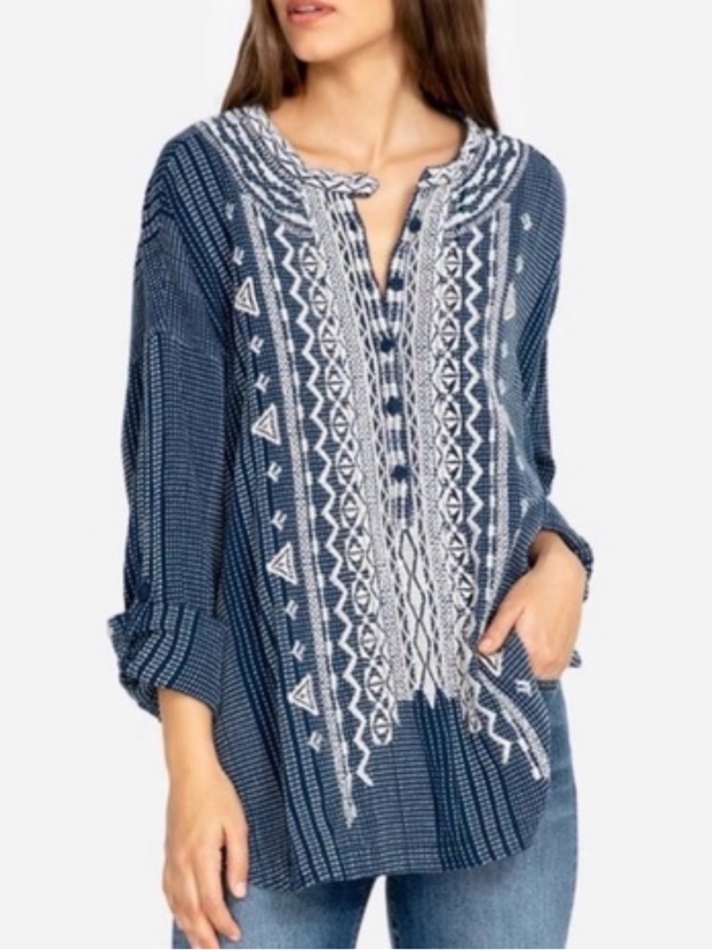 JOHNNY WAS Jemah Blouse Tunic Navy and Cream Embroidered Size XS womens top boho